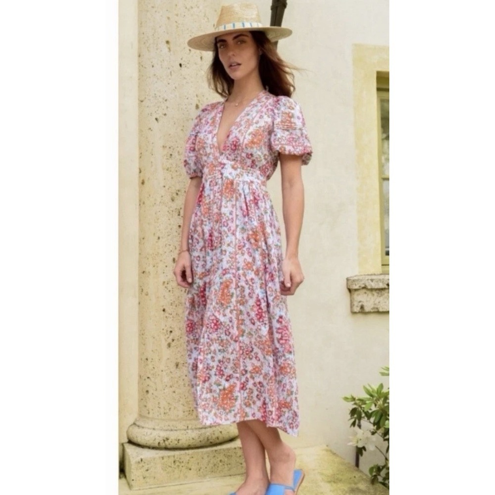 Poupette St. Barth Dress Reine Floral Puff Sleeve Midi  Pink Aquarelle SZ S Boho